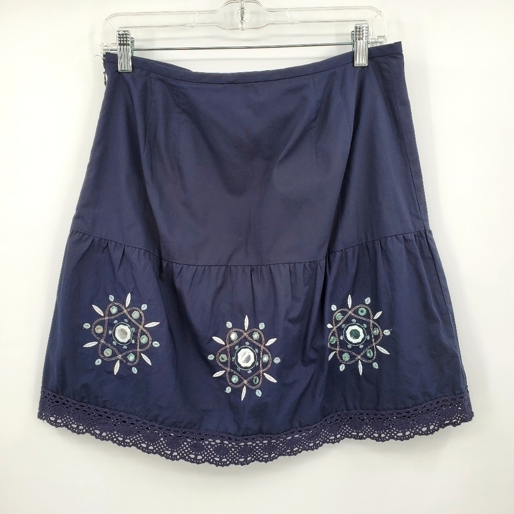 Ann Taylor Loft 100% Cotton Navy Blue Floral Beaded Skirt - Picture 2 of 7